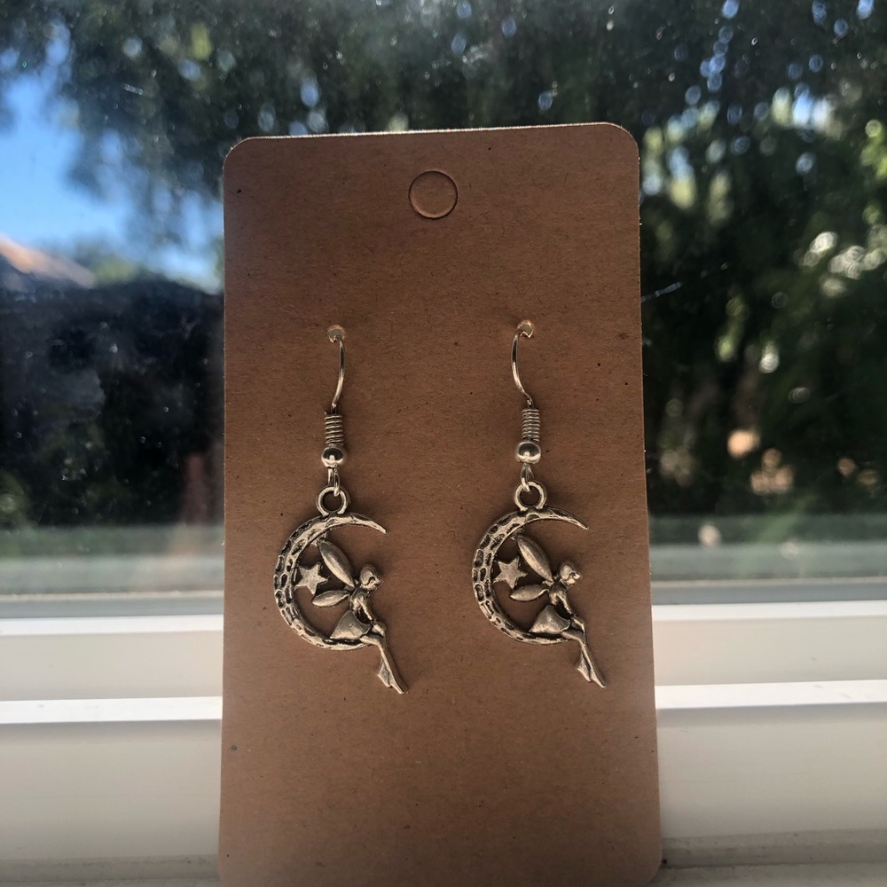 Silver Fairy and Crescent Moon Earrings - Women Jewelry
